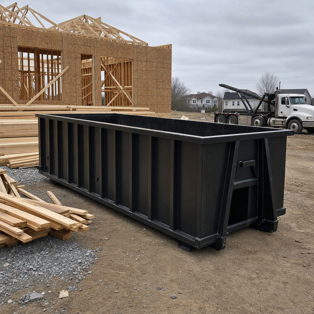 Matte-black 40-yard roll-off dumpster staged on a framed-out residential construction site in Jersey City, framing lumber stacked nearby, hooklift delivery truck visible in the background under bright Colorado daylight