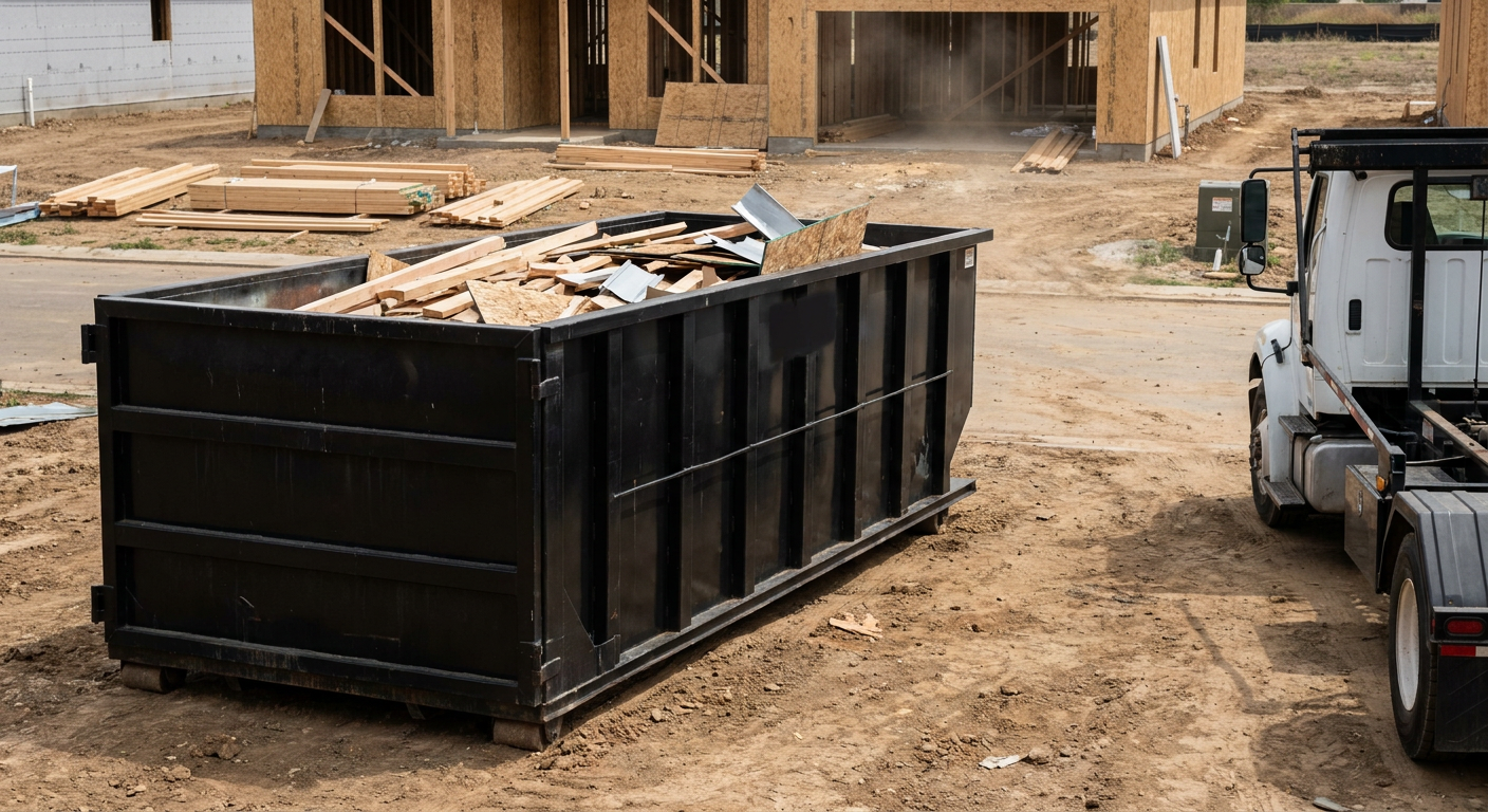 Matte-black 20-yard roll-off construction dumpster with heavy ribbed steel sidewalls and swing rear doors at a working jobsite in Jersey City, sitting directly on compacted dirt with an unmarked white hauler partially visible at the far edge of the frame.