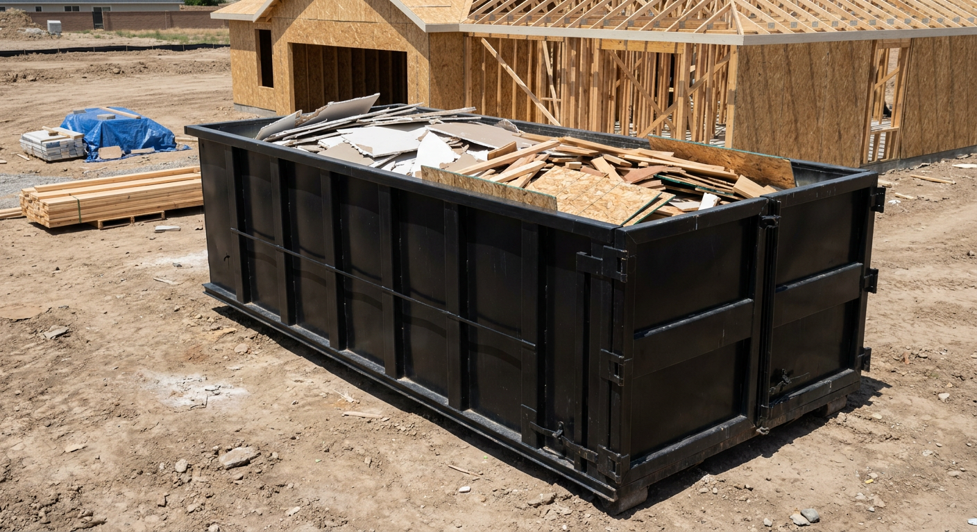 Matte-black 30-yard roll-off construction dumpster sitting directly on the compacted-dirt site of a framed single-family home build in Jersey City, drywall and lumber scrap loaded inside.