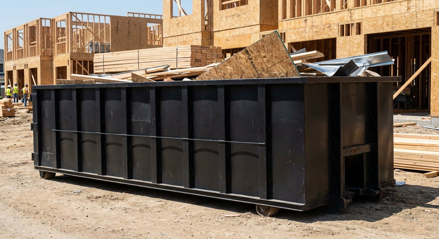 Matte-black 40-yard roll-off construction dumpster being lowered from a white-cab hooklift delivery truck onto the compacted-dirt jobsite at a commercial build site in Jersey City
