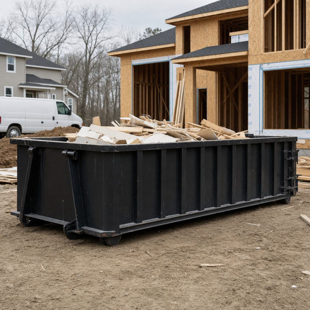 Worker in a yellow high-visibility vest tossing framing lumber and broken drywall into a matte-black 30-yard construction roll-off dumpster on an active build site in Jersey City, bright daylight
