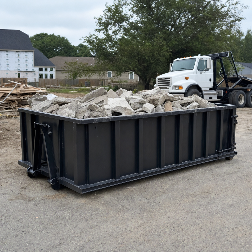 Low-profile matte-black lowboy roll-off dumpster loaded with broken concrete slab and rebar at a foundation tear-out in Jersey City, skid steer parked beside it, sunny Colorado morning