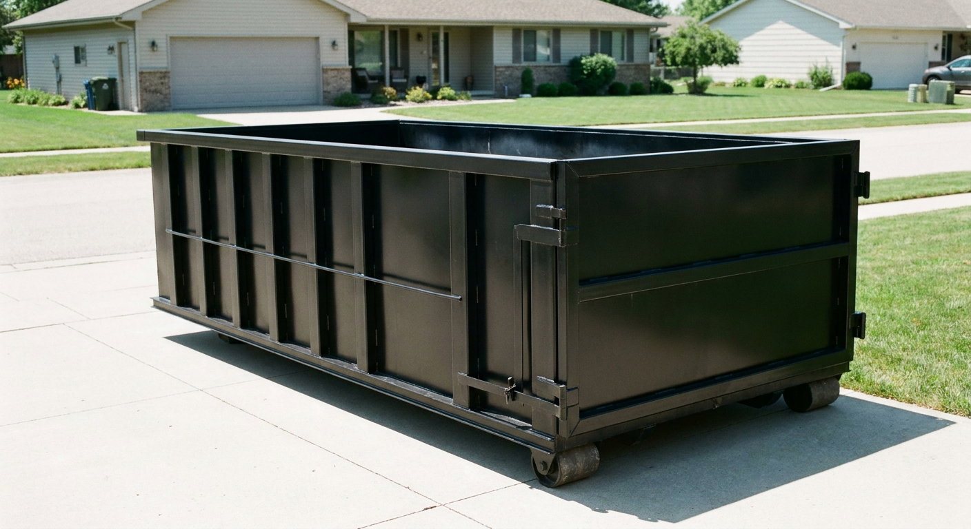 Matte-black 10-yard roll-off dumpster on a residential concrete driveway in Jersey City, uniformly painted matte black across every panel and rail, ribbed steel sidewalls and rear swing door visible, mid-day daylight.