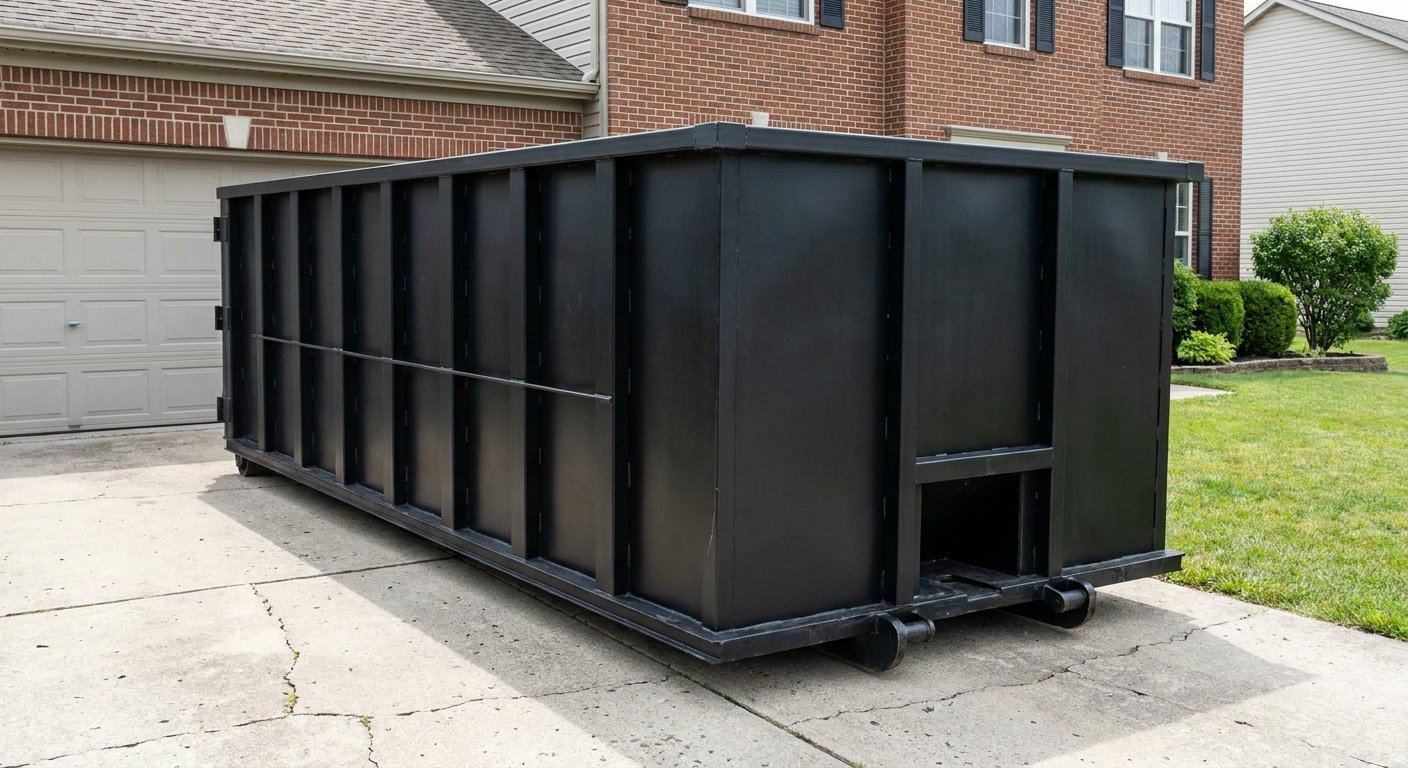 Matte-black 20-yard roll-off container on a Jersey City residential concrete driveway with reinforced ribbed steel sidewalls and a hinged rear walk-in door, clean bright daylight.