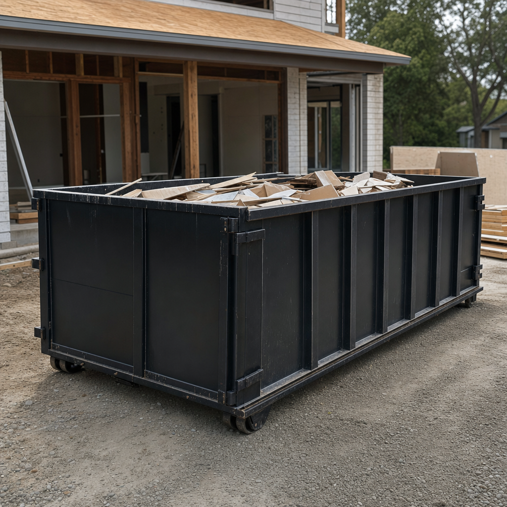 Large matte-black 30-yard construction roll-off dumpster at an active Jersey City jobsite, steel-gray top rails and bottom rollers visible, loaded with construction debris.