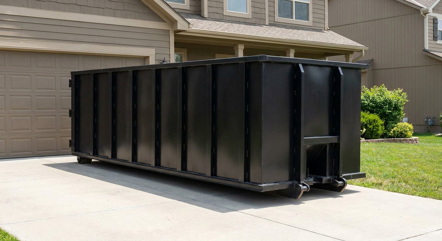 Matte-black residential roll-off dumpster sitting directly on a suburban Jersey City concrete driveway, garage door closed, single-family home in background, bright morning daylight.