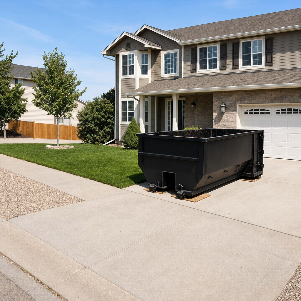 10-yard matte-black residential dumpster placed directly on a narrow Jersey City concrete driveway, room remains for a parked sedan beside it, mid-morning natural light