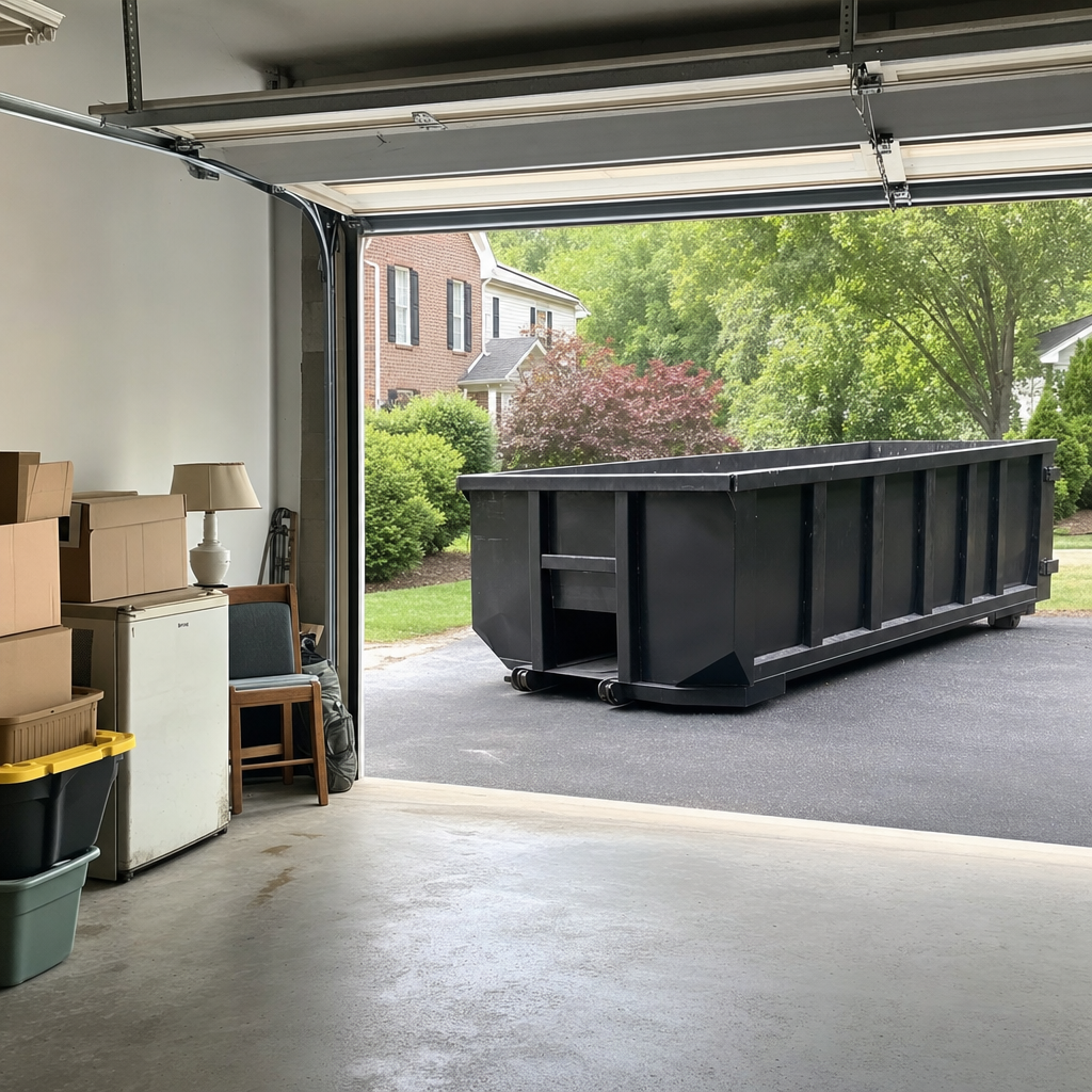 Open garage interior in a Jersey City home mid-cleanout — boxed items, an old appliance, and stacked yard tools queued near the driveway for a matte-black roll-off dumpster, organized and calm