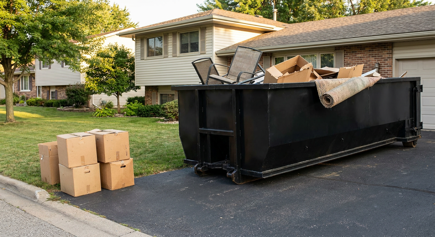 Front-yard view of a Jersey City split-level home with a 20-yard matte-black roll-off dumpster sitting directly on the asphalt driveway, a few clearly labeled donation boxes staged at the curb, calm sunny afternoon.