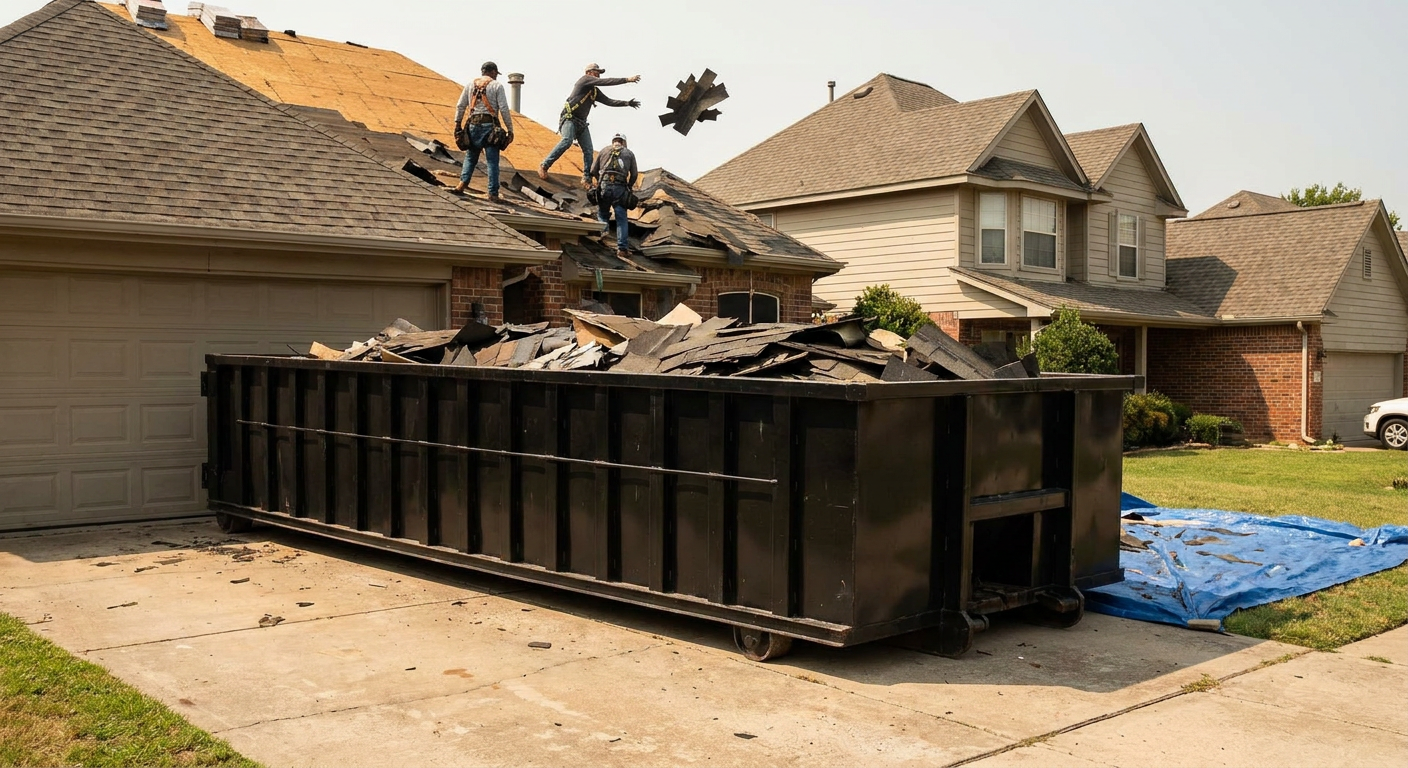 Matte-black roofing roll-off dumpster placed directly on a Jersey City residential concrete driveway, a tear-off crew on a two-story asphalt-shingle roof tossing shingle bundles into the low-walled container, bright daylight, documentary 35mm perspective.