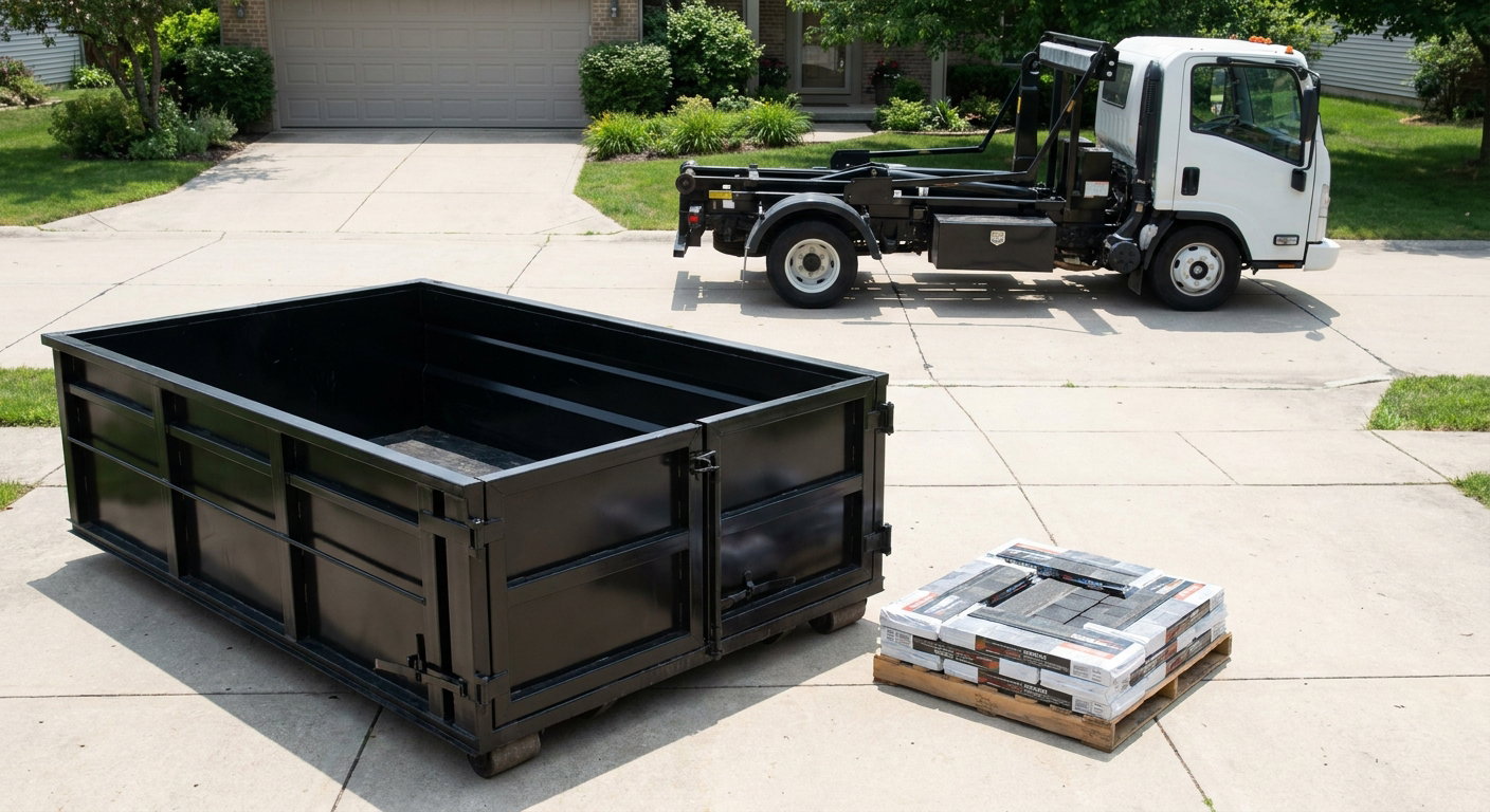 Matte-black 15-yard roofing roll-off dumpster with reinforced low side walls sitting directly on a Jersey City residential concrete driveway, three-tab asphalt shingle bundles stacked nearby, an unmarked white hauler truck partially visible at the edge of the frame.