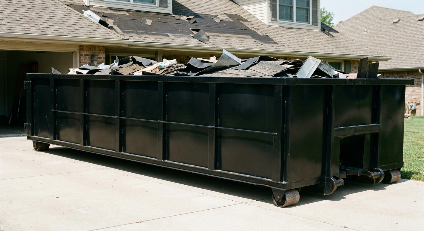 Matte-black 20-yard roofing roll-off dumpster with steel ribbed sides and swinging rear door, sitting directly on the concrete driveway of a two-story Jersey City home, asphalt shingle debris being loaded over the low wall, clean documentary lighting.