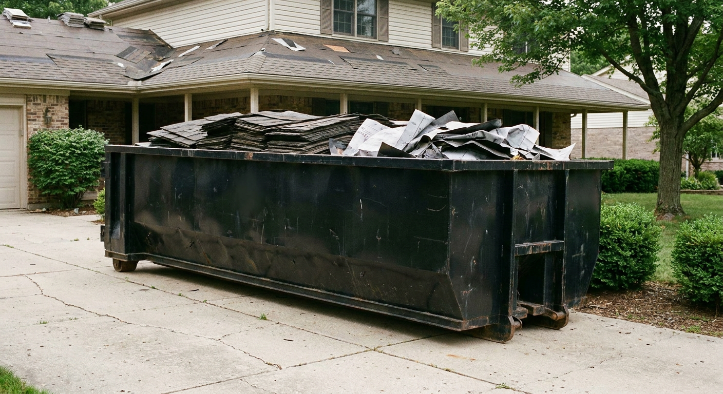 Matte-black 30-yard roofing roll-off dumpster sitting directly on a Jersey City concrete driveway, taller ribbed steel side panels, mixed tear-off debris of asphalt shingles and underlayment inside, professional documentary daylight.