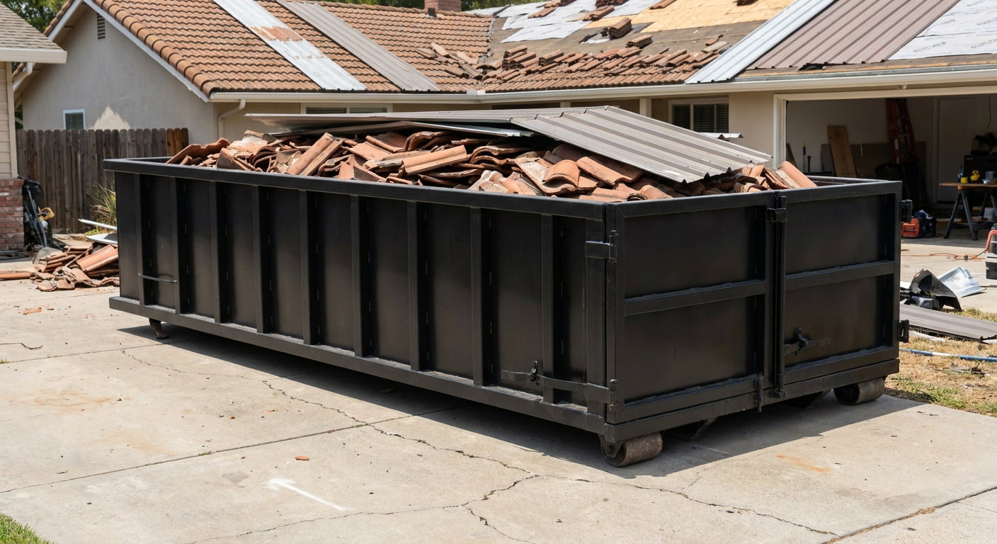Matte-black low-wall heavy-debris roofing roll-off dumpster sitting directly on a Jersey City concrete driveway, broken concrete clay roof tiles and metal panel sections loaded inside, reinforced ribbed steel side walls visible, bright outdoor daylight.