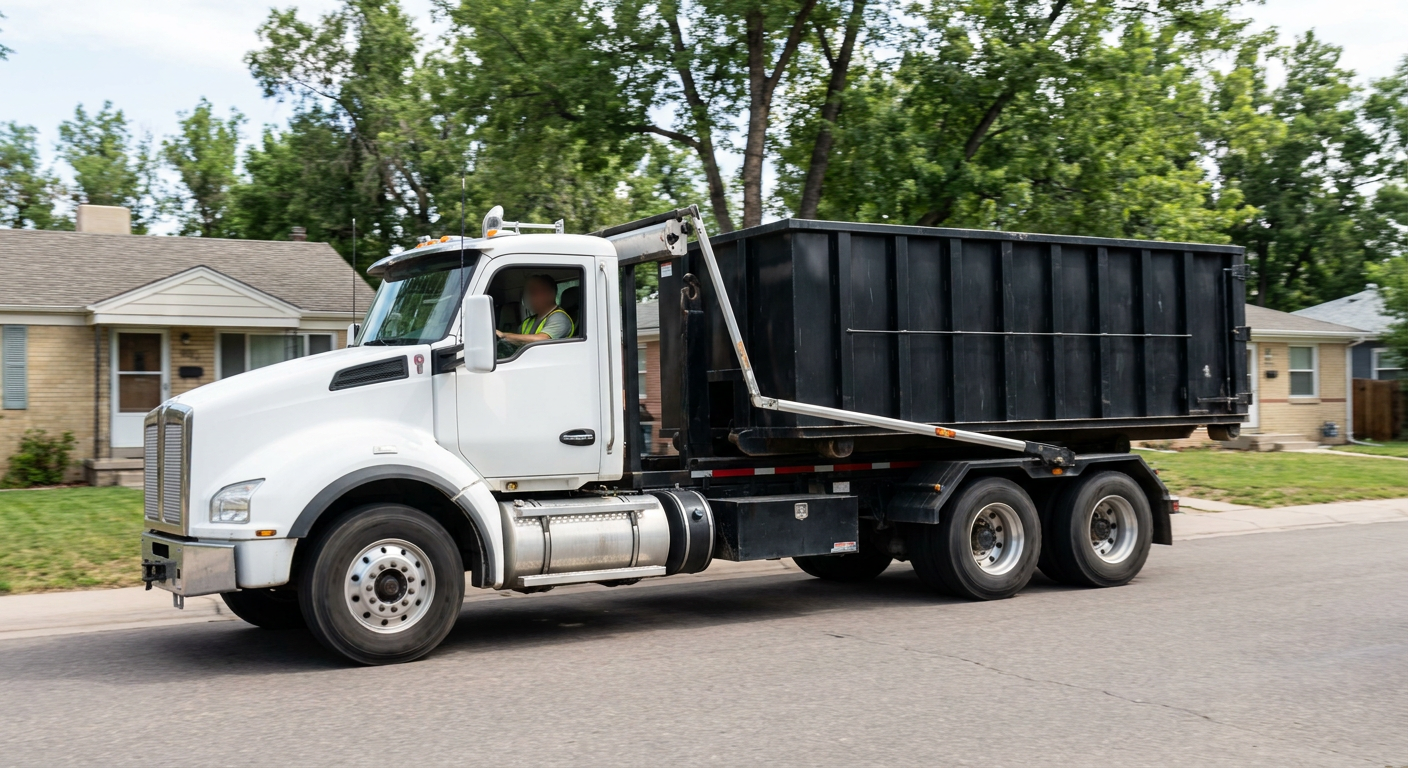 A wide documentary shot of a matte-black roll-off delivery truck pulling onto a quiet Jersey City residential street at mid-morning, with neighborhood rooftops and tree-lined blocks visible behind, showing the metro coverage footprint.