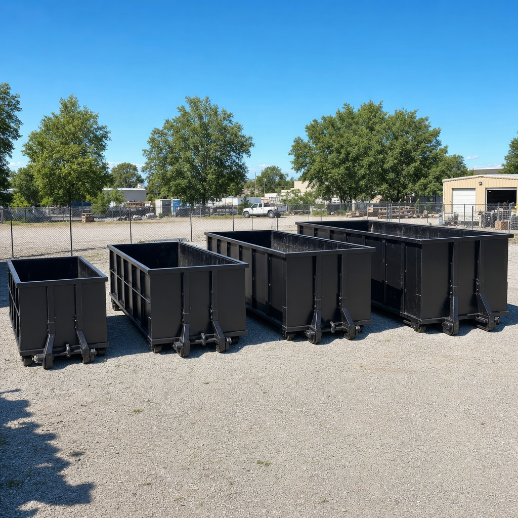 A clean lineup of matte-black roll-off dumpsters in 10, 20, 30, and 40-yard sizes staged on a sunlit gravel yard in Jersey City, showing the size progression from compact to commercial-scale containers.