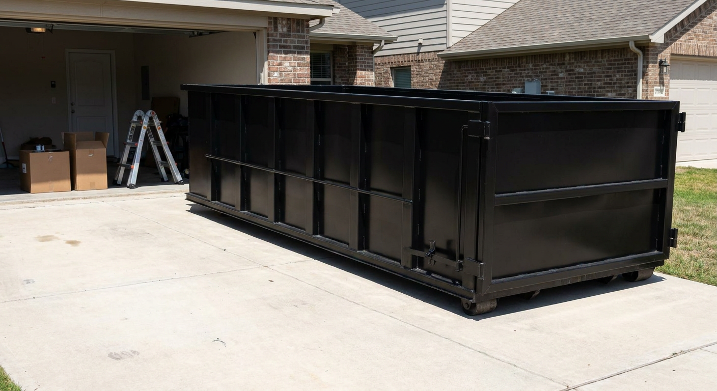 A matte-black 10-yard roll-off dumpster sitting directly on a residential Jersey City concrete driveway, mid-day sunlight, clean and ready for a garage cleanout.