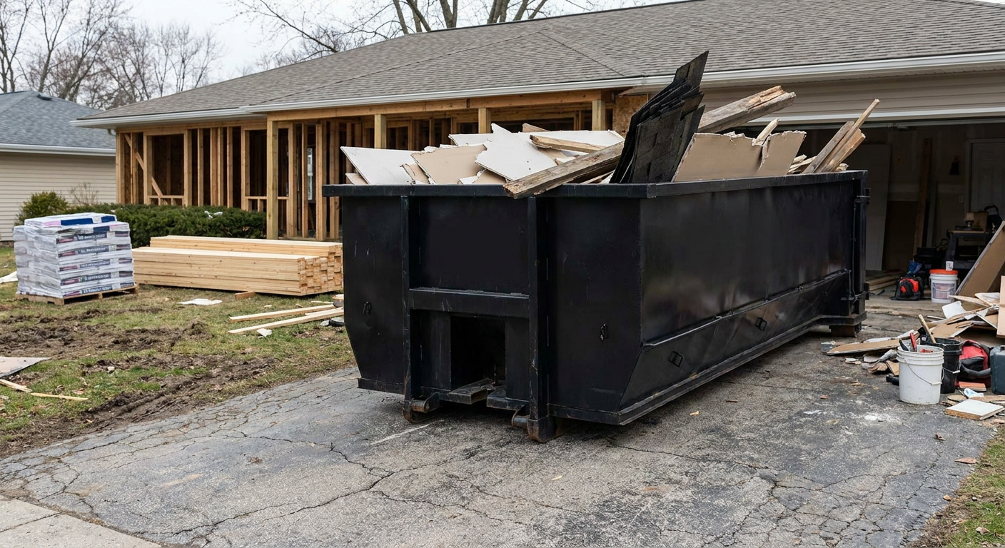 A matte-black 20-yard roll-off dumpster placed alongside a mid-renovation Jersey City home directly on the asphalt driveway, with framing materials and torn-off shingles staged neatly nearby.