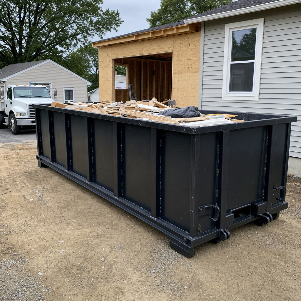 A matte-black 30-yard roll-off dumpster positioned at a Jersey City residential addition jobsite, with framing lumber and drywall scraps loaded through the open swinging rear doors.