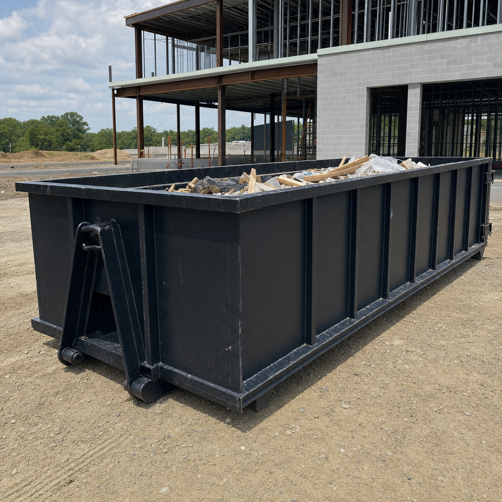 A matte-black 40-yard roll-off dumpster staged on a large Jersey City commercial construction lot, with a hooklift delivery truck parked alongside under bright midday sky.