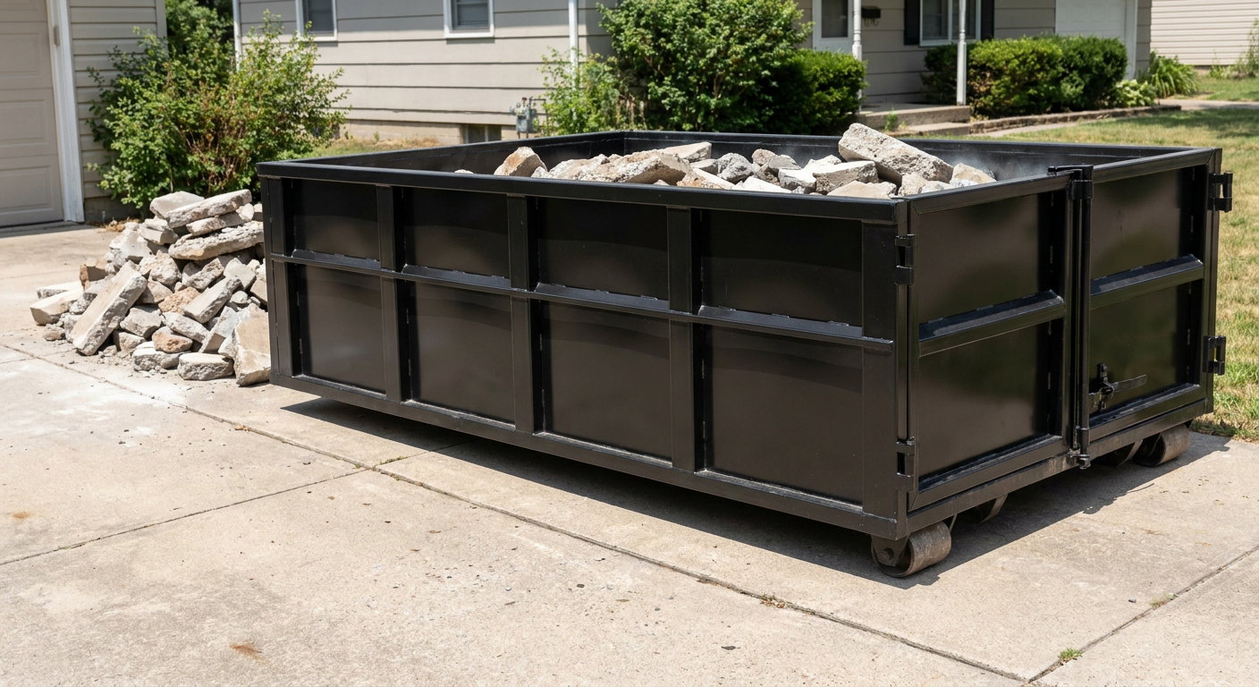 A matte-black low-side heavy-debris roll-off dumpster placed directly on a Jersey City concrete driveway, with broken concrete chunks neatly stacked beside it under clean daylight.